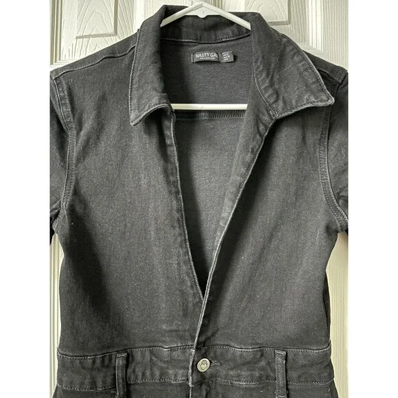 Nasty Gal Black Deep Plunging V Neck Denim Boilersuit Jumpsuit Edgy Grunge Sz 8 - Picture 4 of 15